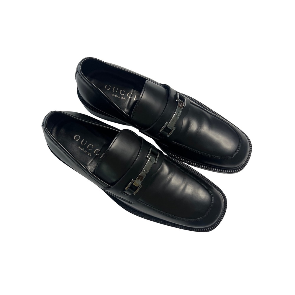 Vintage Gucci Mens Black Leather Loafers Dress Shoes Silver Buckle Italy Size 11 - Picture 1 of 9